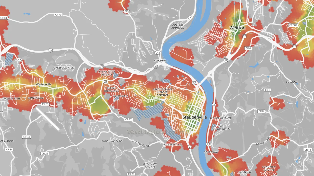 Walk Grade map of 43952, OH, walkable areas in green and car-dependent areas in red