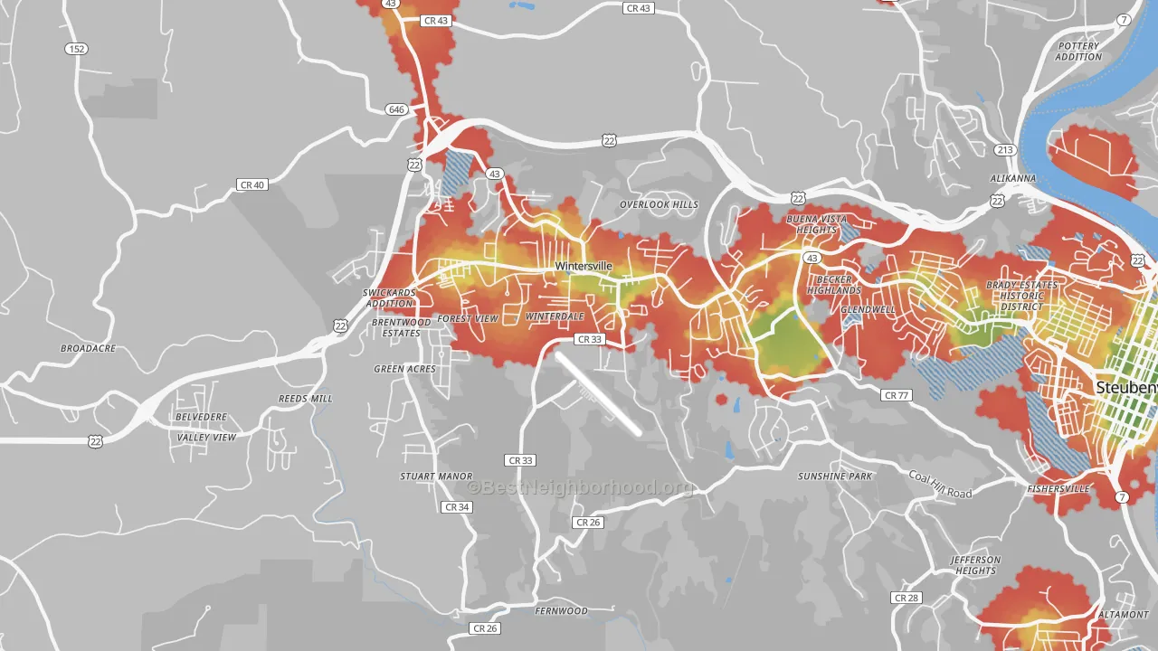 Walk Grade map of 43953, OH, walkable areas in green and car-dependent areas in red