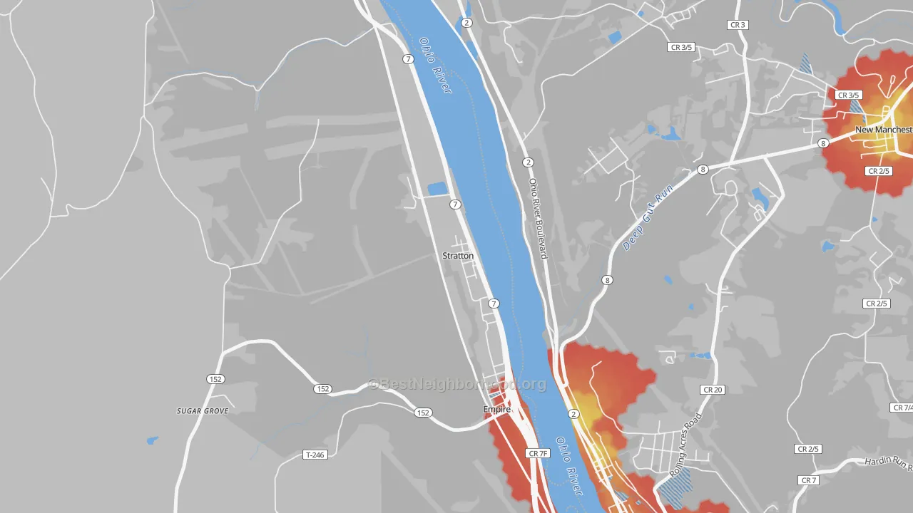 Walk Grade map of 43961, OH, walkable areas in green and car-dependent areas in red