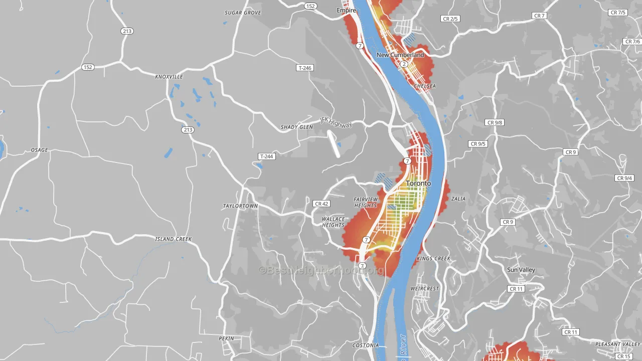 Walk Grade map of 43964, OH, walkable areas in green and car-dependent areas in red