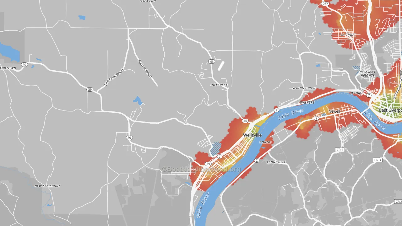 Walk Grade map of 43968, OH, walkable areas in green and car-dependent areas in red