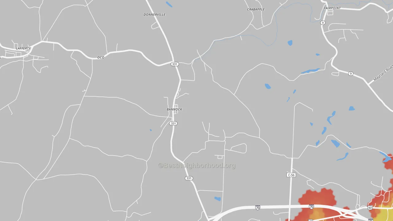 Walk Grade map of 43972, OH, walkable areas in green and car-dependent areas in red