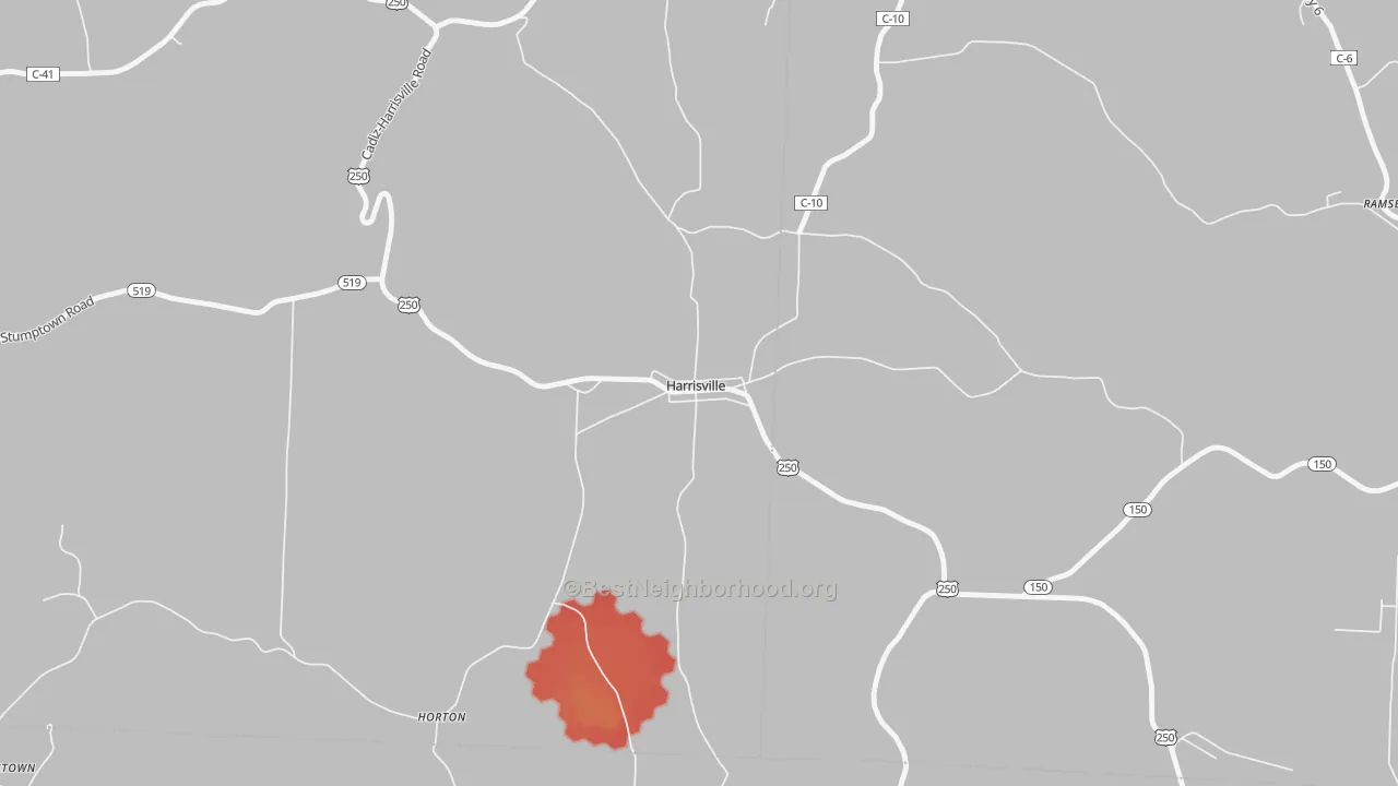 Walk Grade map of 43974, OH, walkable areas in green and car-dependent areas in red