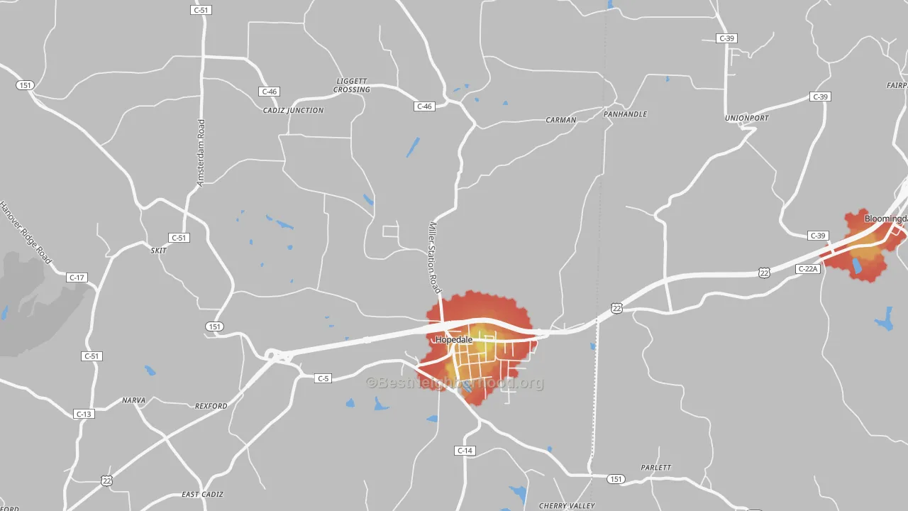 Walk Grade map of 43976, OH, walkable areas in green and car-dependent areas in red