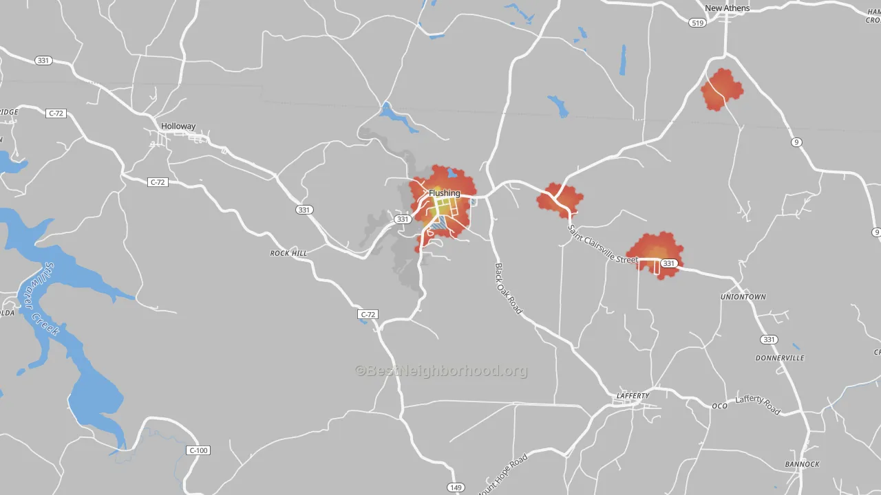 Walk Grade map of 43977, OH, walkable areas in green and car-dependent areas in red