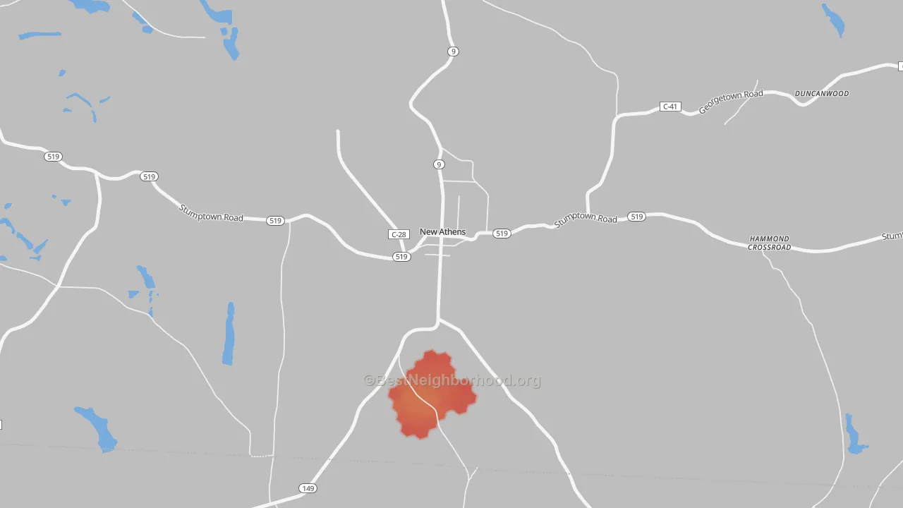 Walk Grade map of 43981, OH, walkable areas in green and car-dependent areas in red