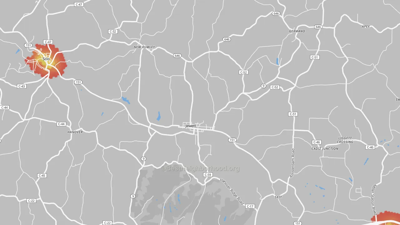 Walk Grade map of 43986, OH, walkable areas in green and car-dependent areas in red
