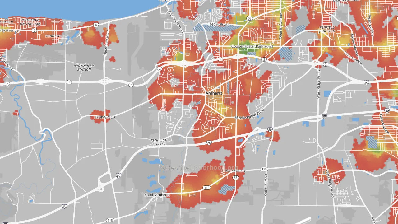 Walk Grade map of 44001, OH, walkable areas in green and car-dependent areas in red