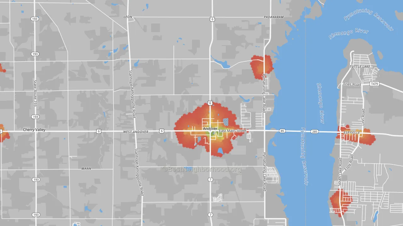 Walk Grade map of 44003, OH, walkable areas in green and car-dependent areas in red