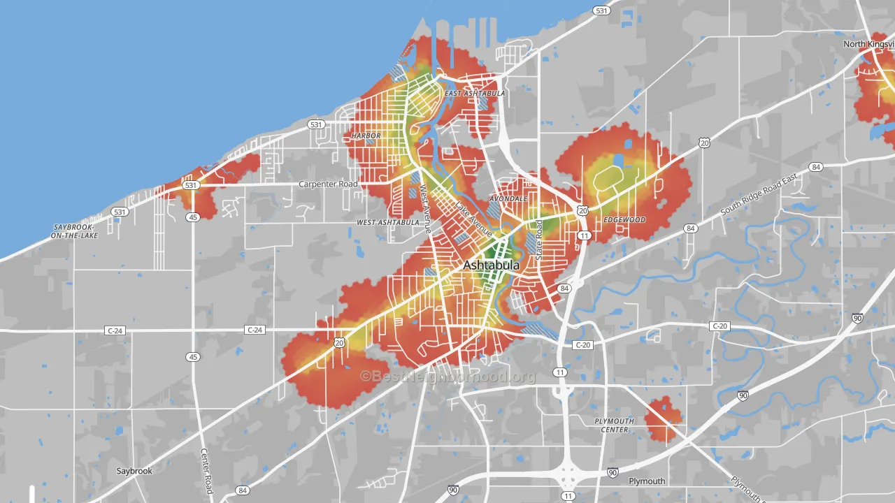 Walk Grade map of 44004, OH, walkable areas in green and car-dependent areas in red
