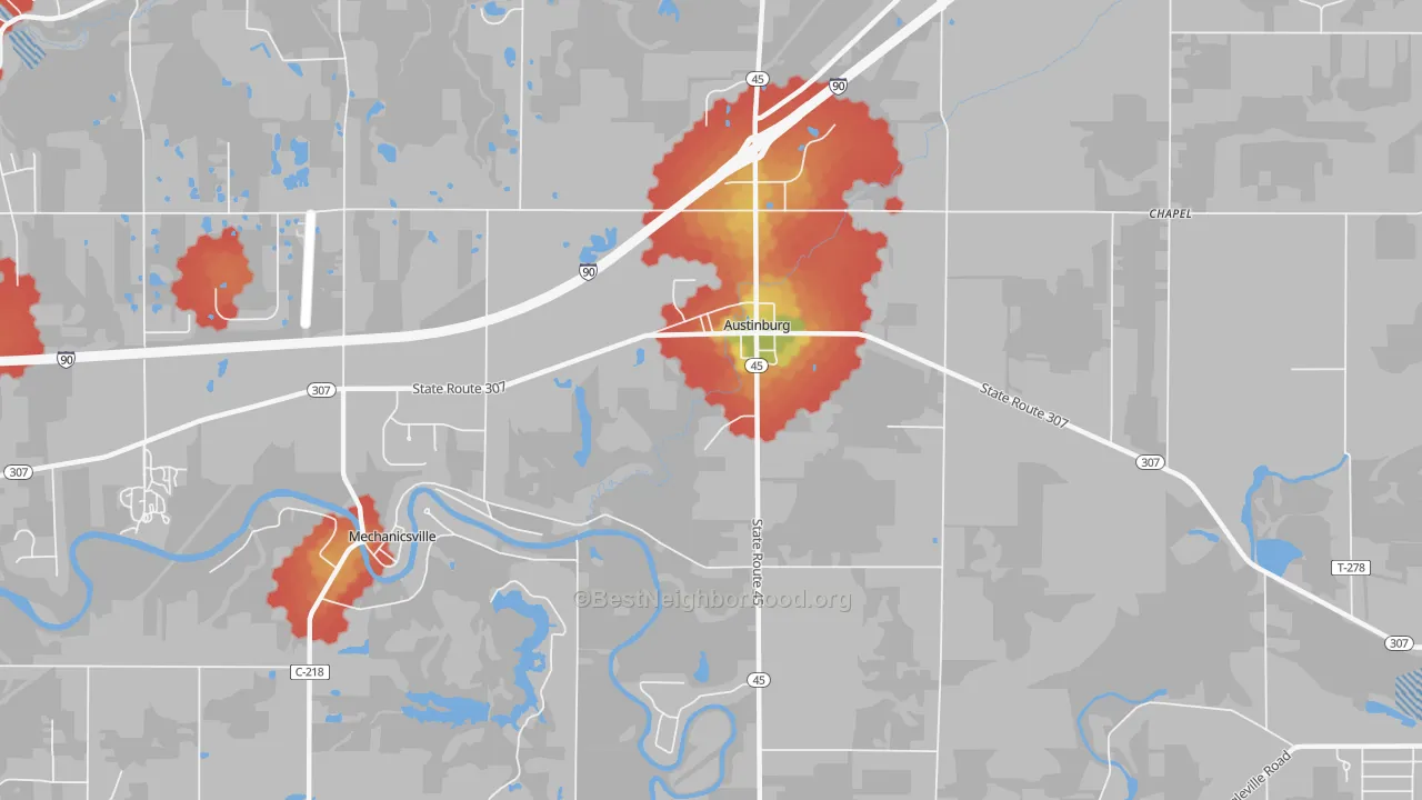 Walk Grade map of 44010, OH, walkable areas in green and car-dependent areas in red