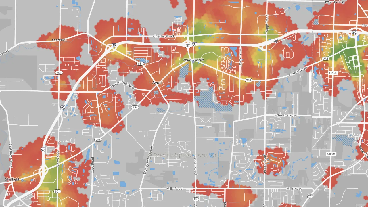 Walk Grade map of 44011, OH, walkable areas in green and car-dependent areas in red