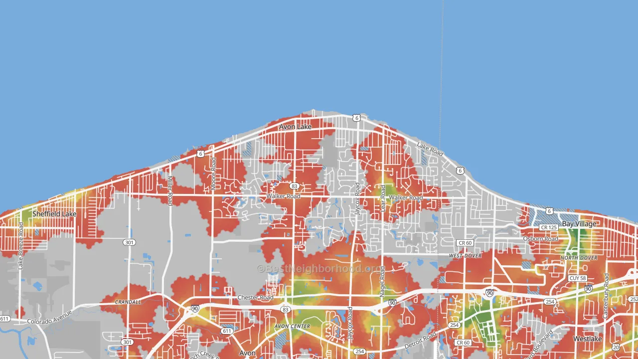 Walk Grade map of 44012, OH, walkable areas in green and car-dependent areas in red