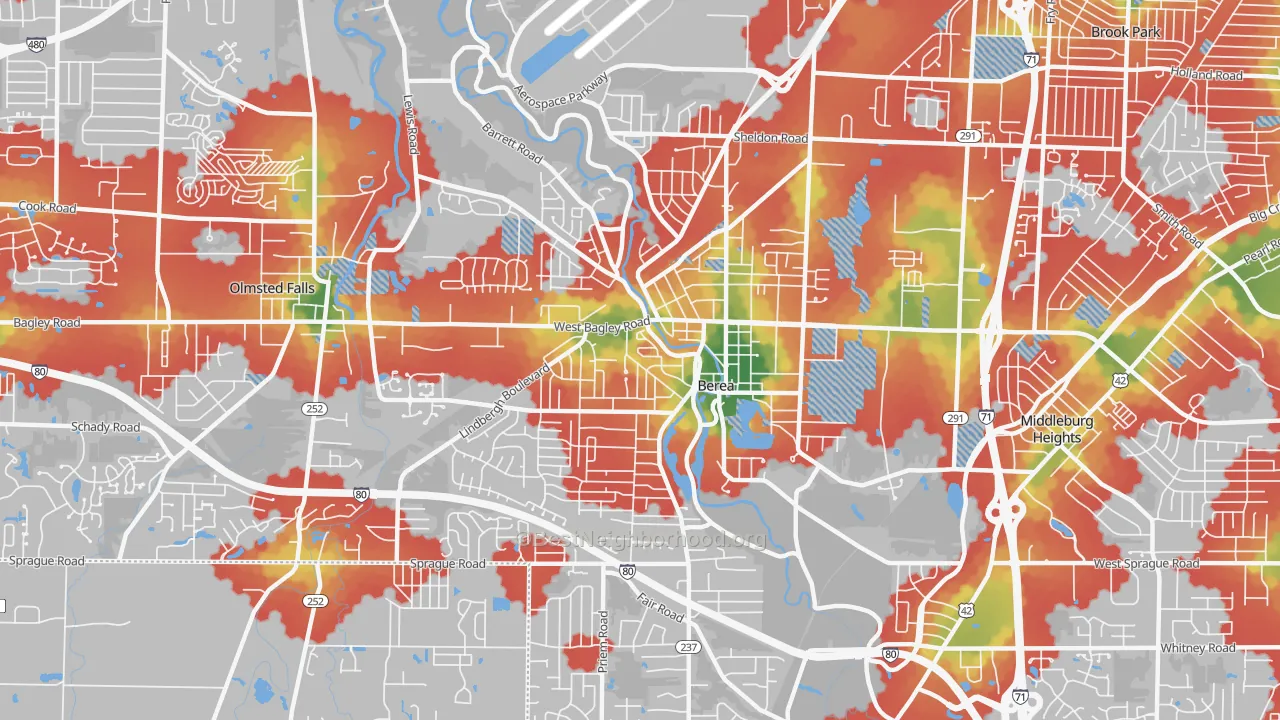 Walk Grade map of 44017, OH, walkable areas in green and car-dependent areas in red