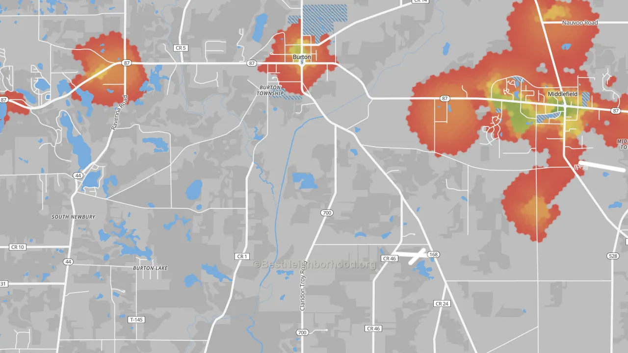 Walk Grade map of 44021, OH, walkable areas in green and car-dependent areas in red