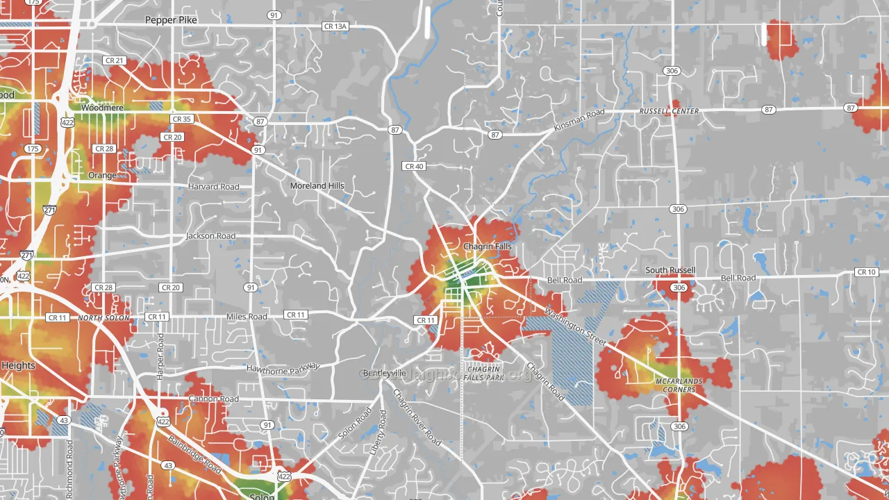 Walk Grade map of 44022, OH, walkable areas in green and car-dependent areas in red