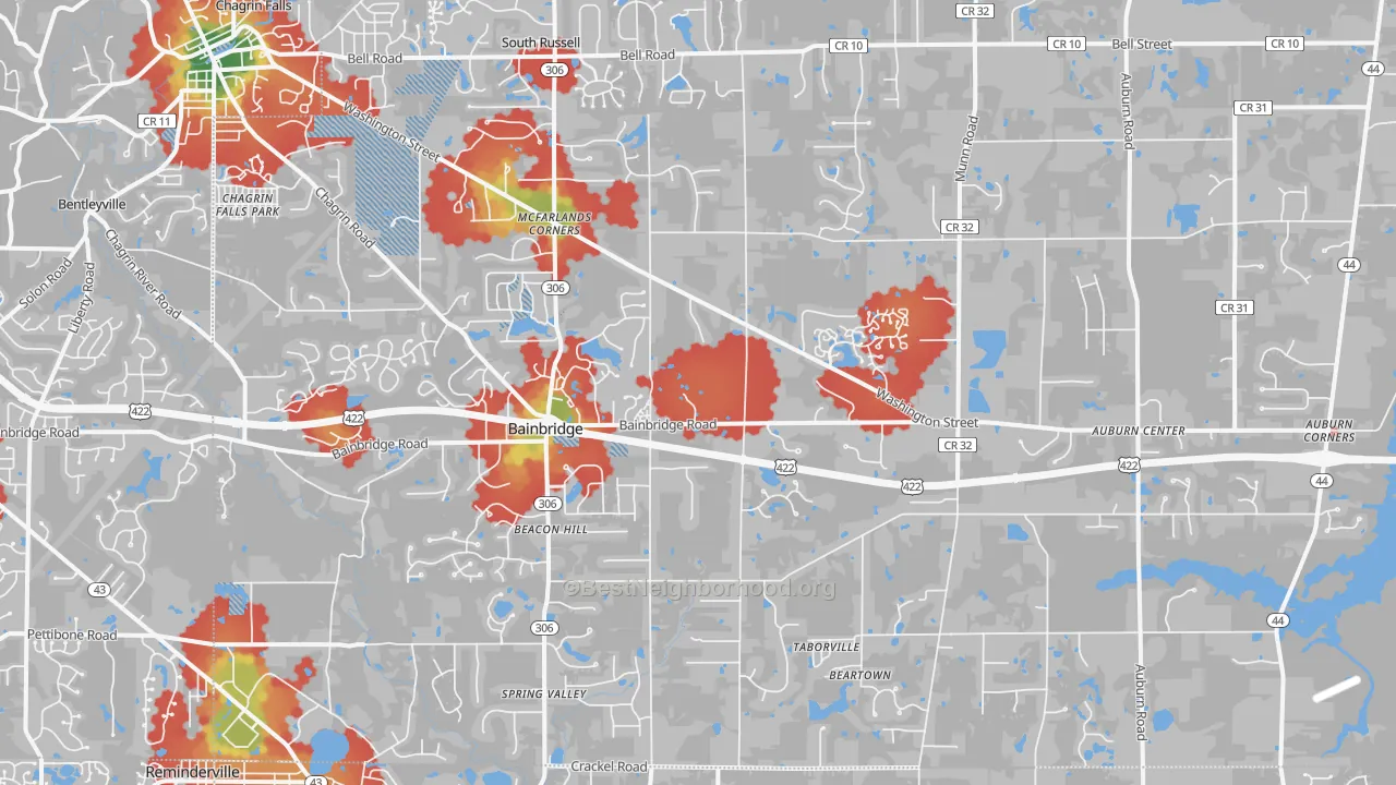 Walk Grade map of 44023, OH, walkable areas in green and car-dependent areas in red