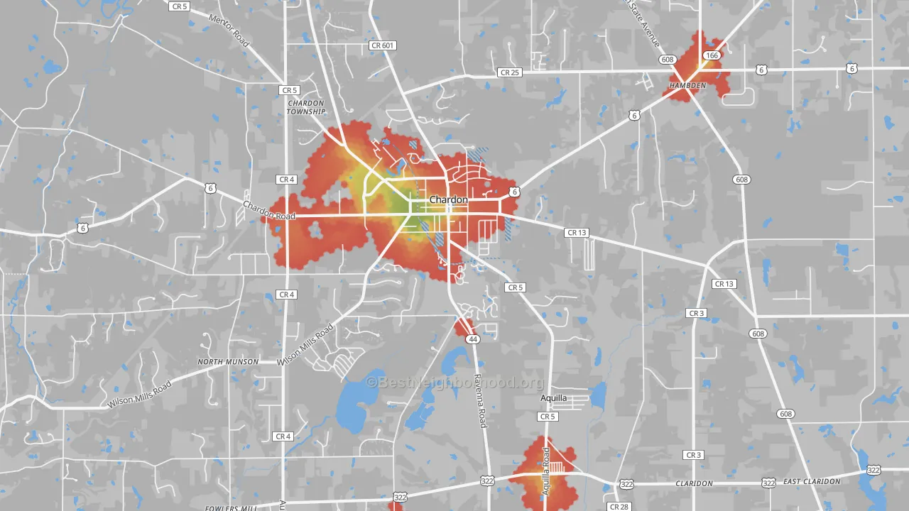 Walk Grade map of 44024, OH, walkable areas in green and car-dependent areas in red