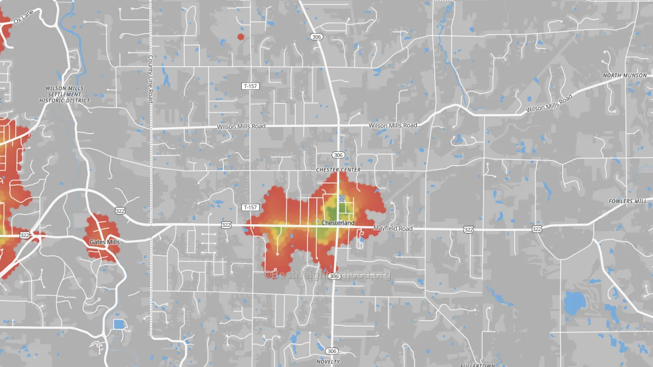 Walk Grade map of 44026, OH, walkable areas in green and car-dependent areas in red