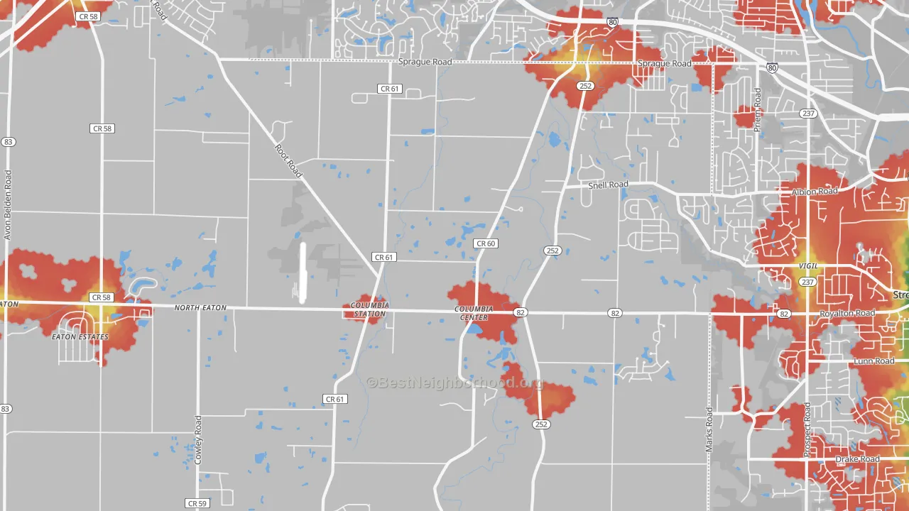 Walk Grade map of 44028, OH, walkable areas in green and car-dependent areas in red