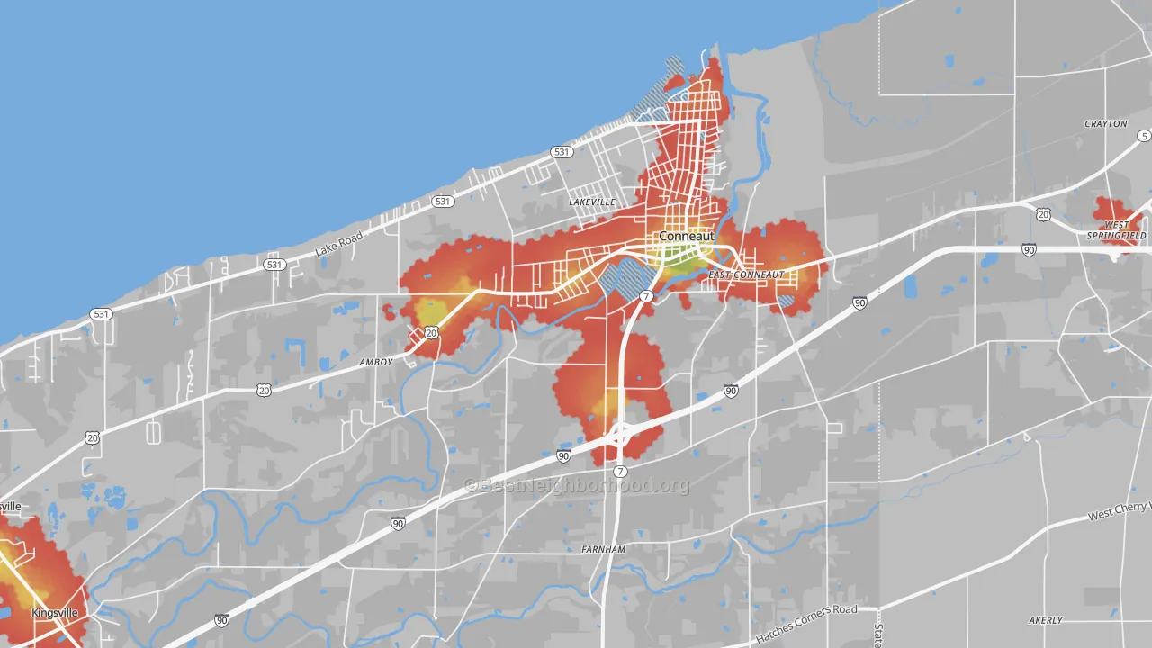 Walk Grade map of 44030, OH, walkable areas in green and car-dependent areas in red