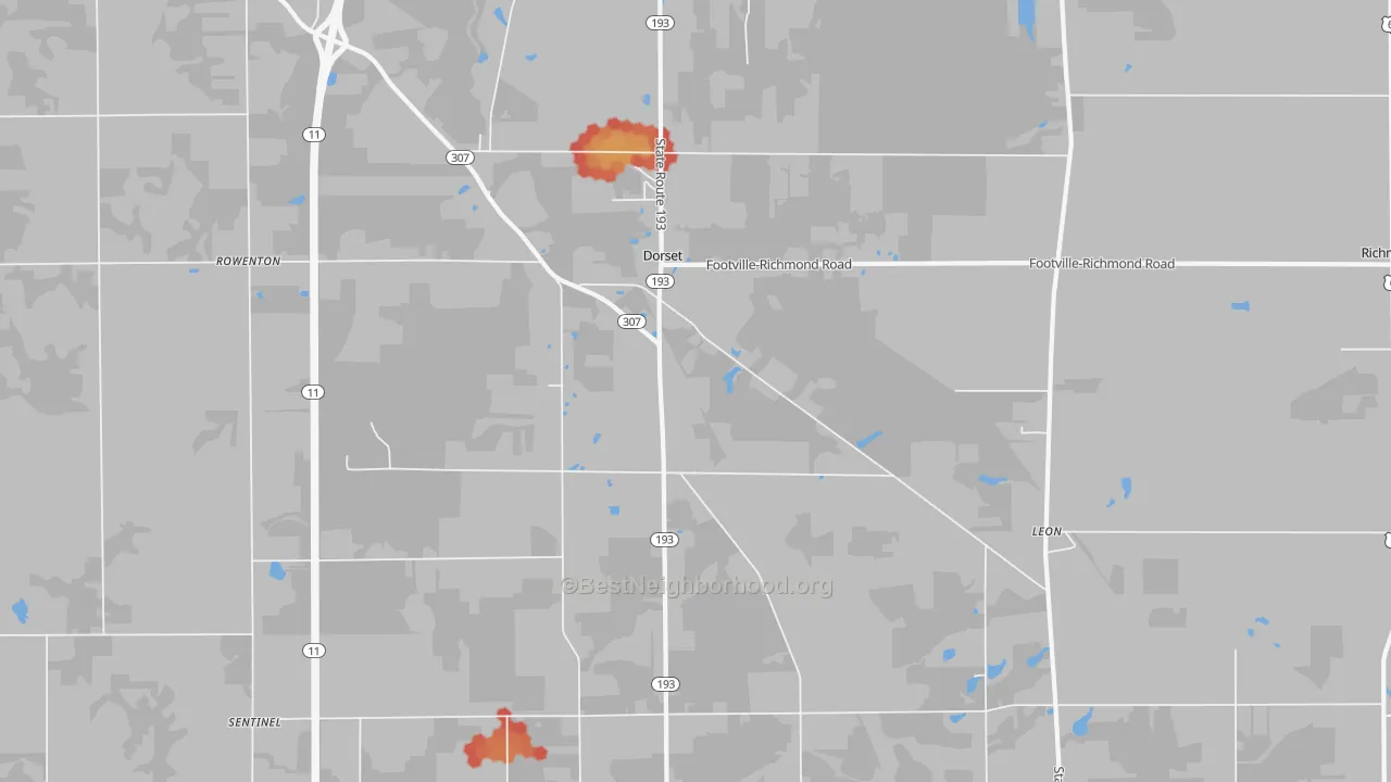 Walk Grade map of 44032, OH, walkable areas in green and car-dependent areas in red