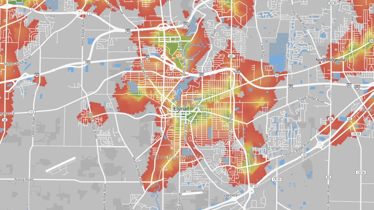Walk Grade map of 44035, OH, walkable areas in green and car-dependent areas in red