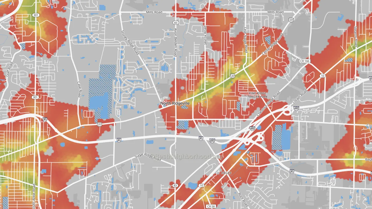 Walk Grade map of 44039, OH, walkable areas in green and car-dependent areas in red