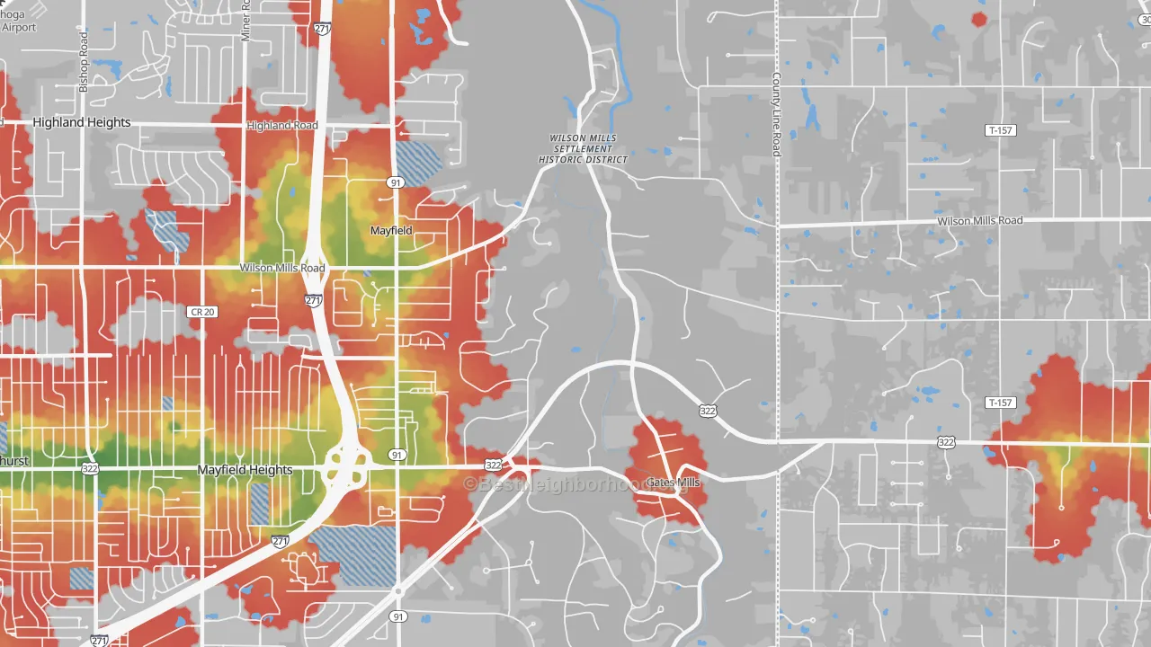 Walk Grade map of 44040, OH, walkable areas in green and car-dependent areas in red