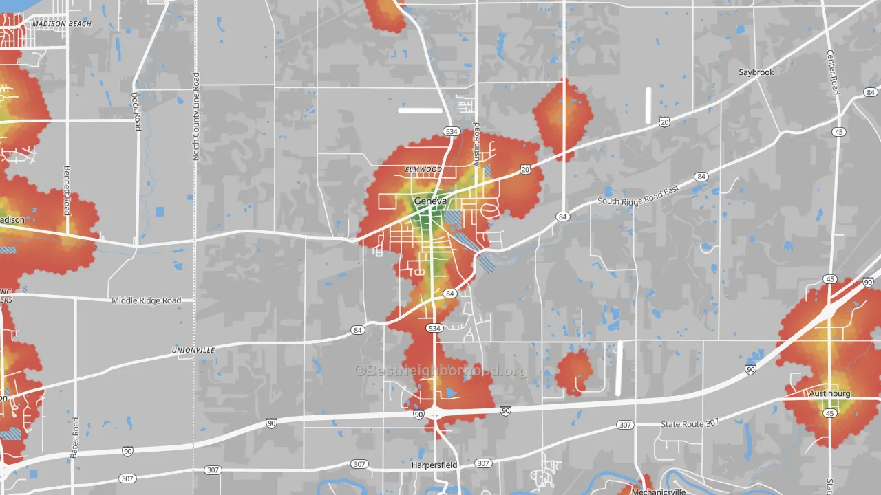 Walk Grade map of 44041, OH, walkable areas in green and car-dependent areas in red