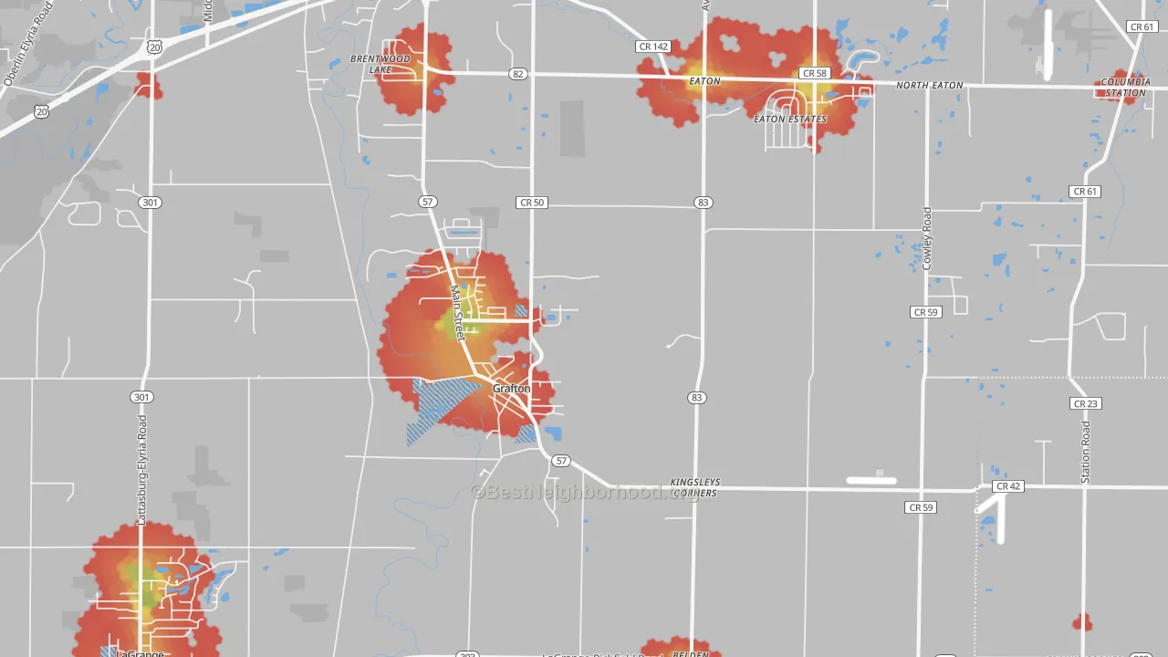 Walk Grade map of 44044, OH, walkable areas in green and car-dependent areas in red