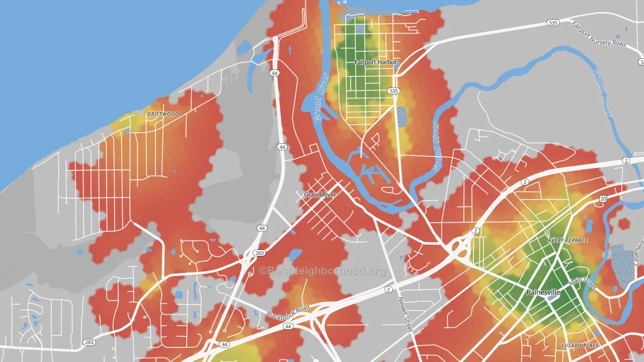 Walk Grade map of 44045, OH, walkable areas in green and car-dependent areas in red