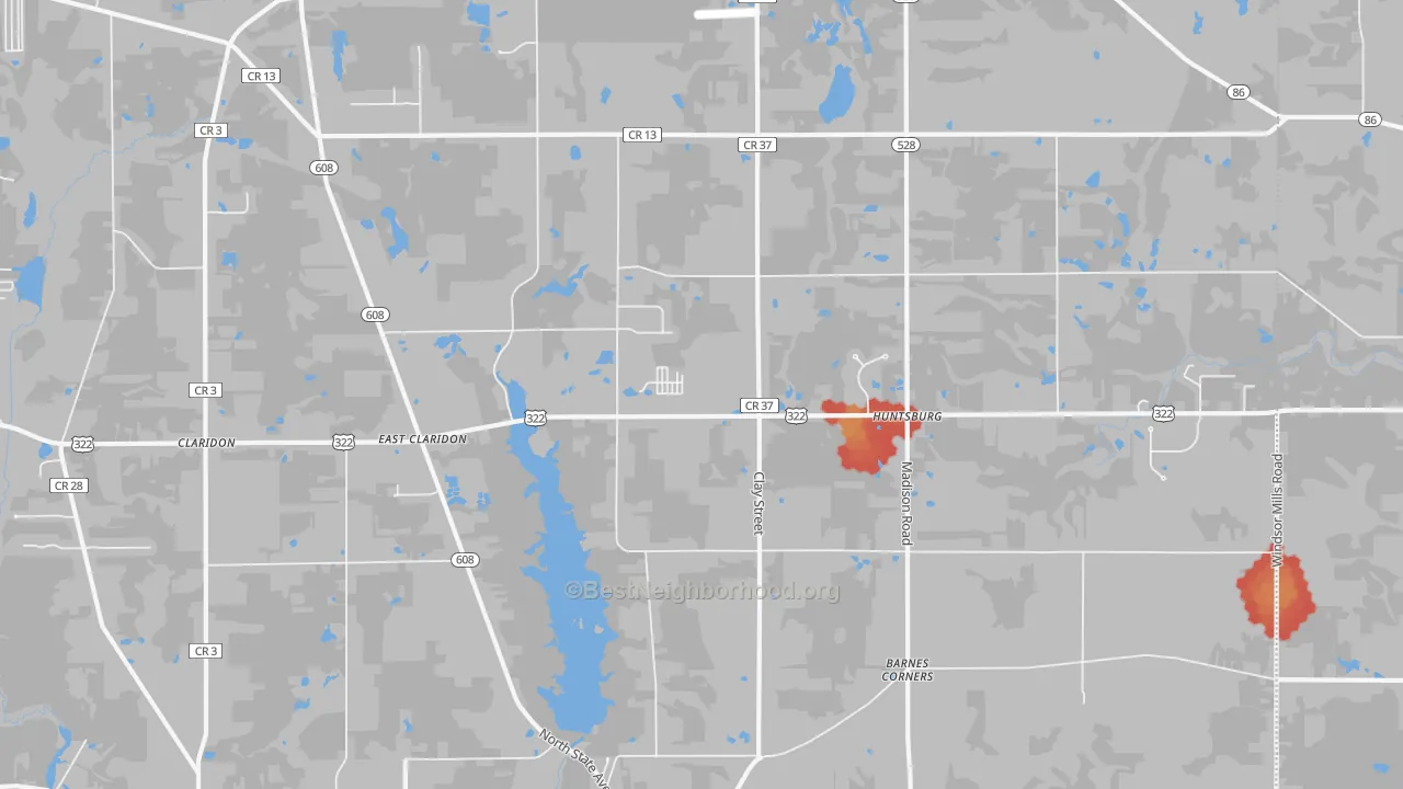Walk Grade map of 44046, OH, walkable areas in green and car-dependent areas in red