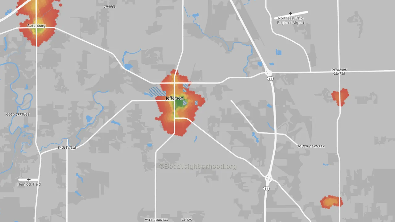 Walk Grade map of 44047, OH, walkable areas in green and car-dependent areas in red