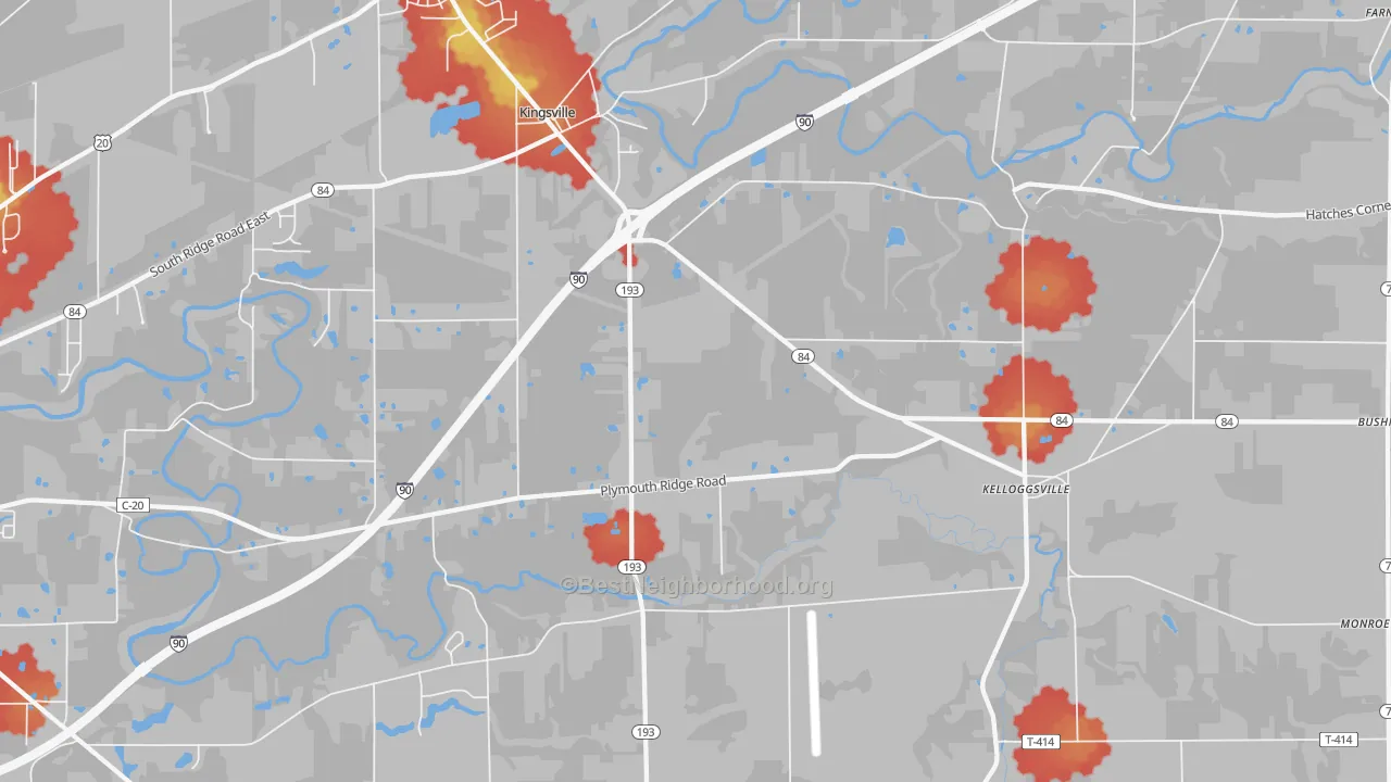 Walk Grade map of 44048, OH, walkable areas in green and car-dependent areas in red