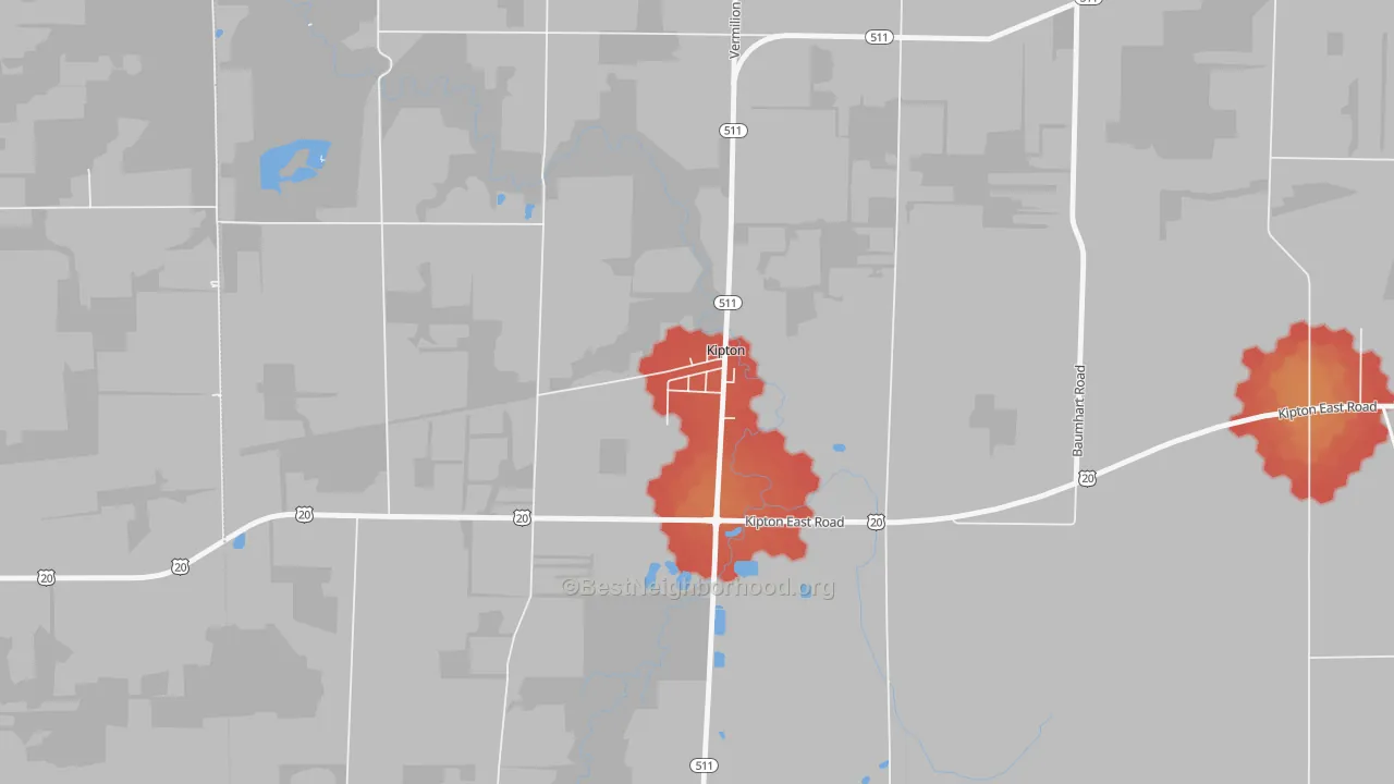 Walk Grade map of 44049, OH, walkable areas in green and car-dependent areas in red