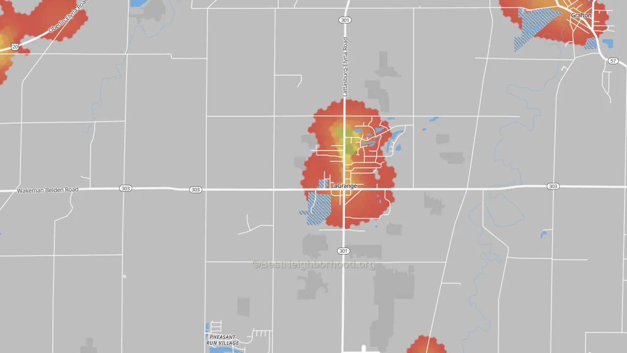 Walk Grade map of 44050, OH, walkable areas in green and car-dependent areas in red