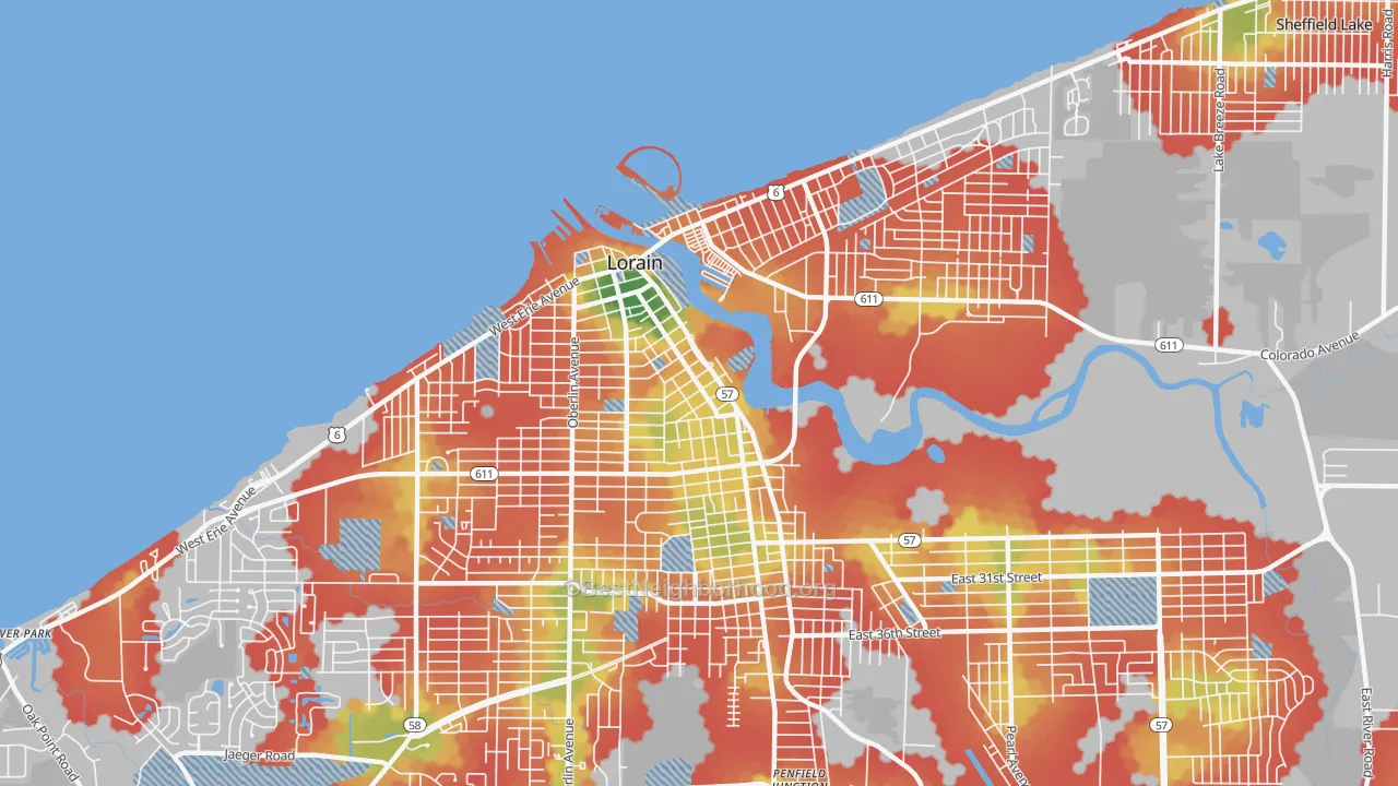 Walk Grade map of 44052, OH, walkable areas in green and car-dependent areas in red