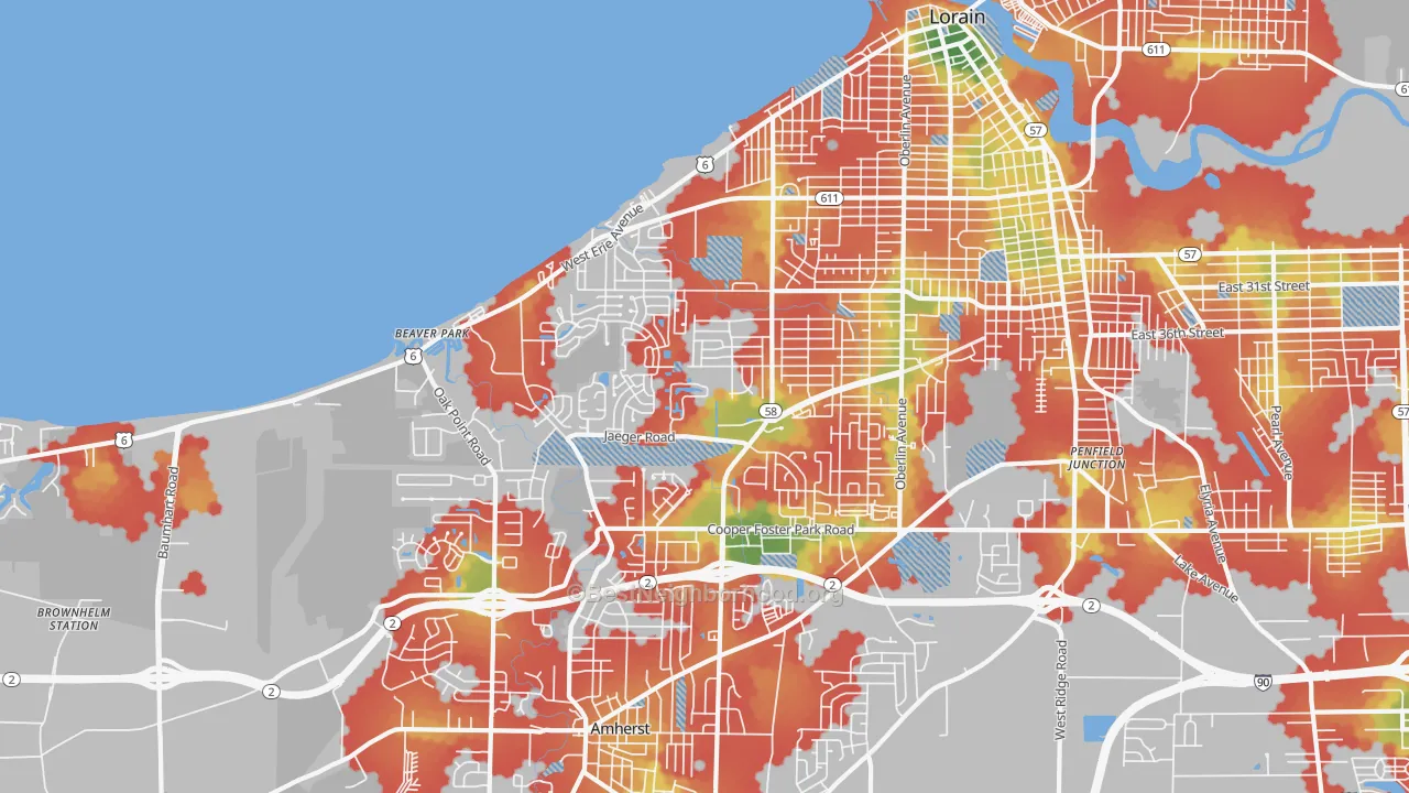 Walk Grade map of 44053, OH, walkable areas in green and car-dependent areas in red