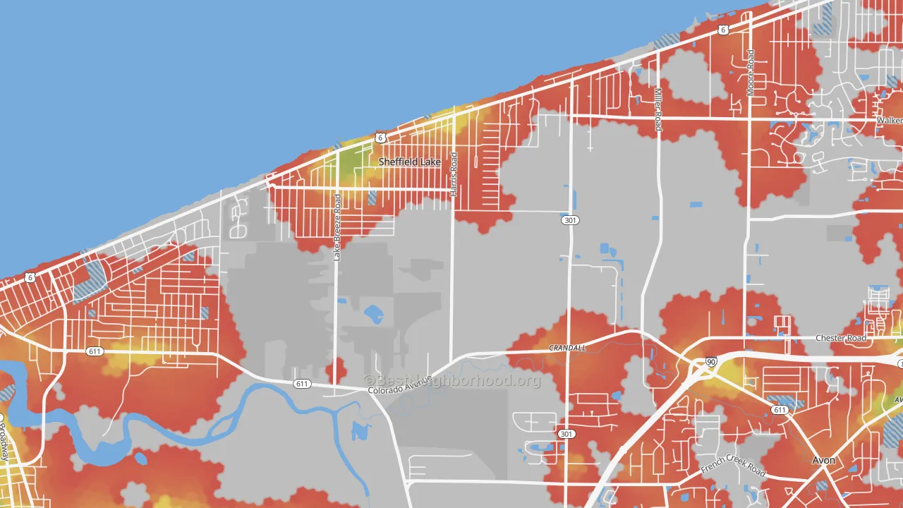 Walk Grade map of 44054, OH, walkable areas in green and car-dependent areas in red