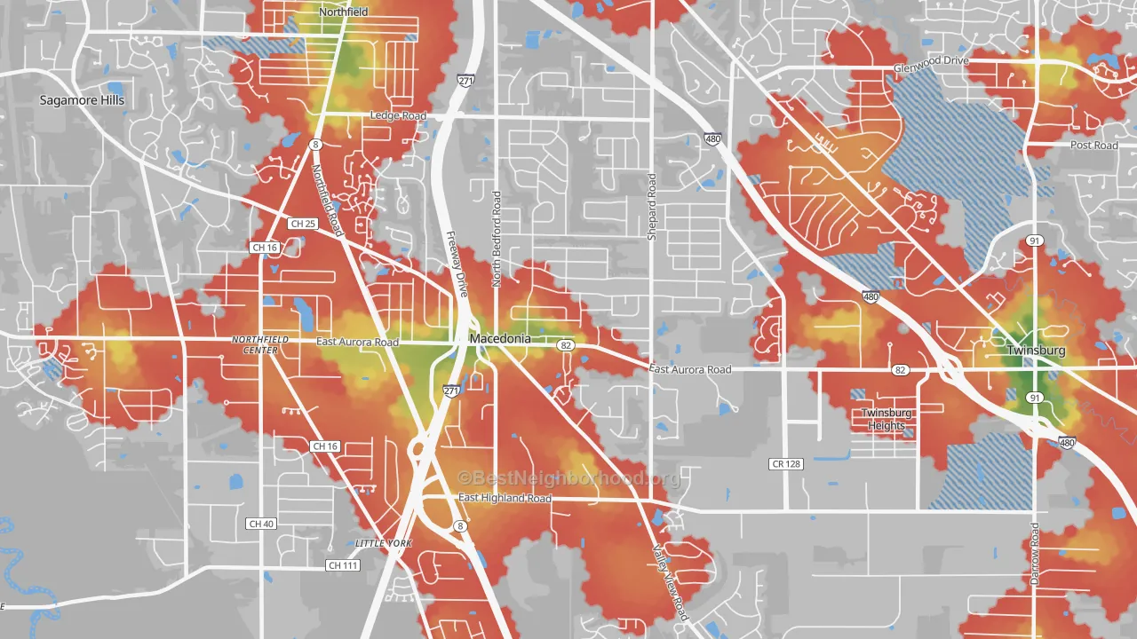 Walk Grade map of 44056, OH, walkable areas in green and car-dependent areas in red