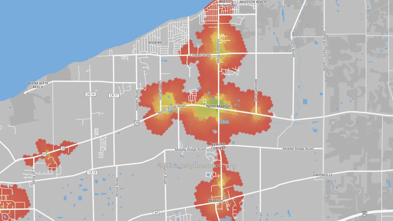 Walk Grade map of 44057, OH, walkable areas in green and car-dependent areas in red