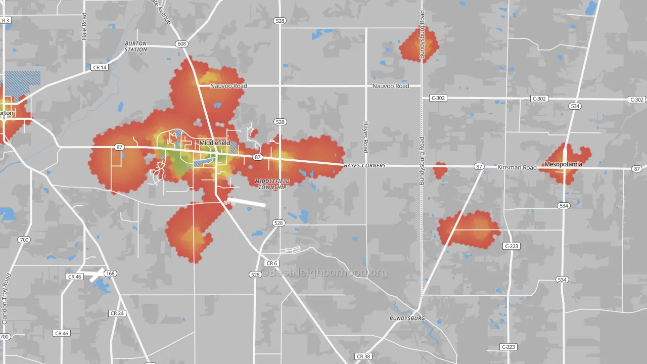 Walk Grade map of 44062, OH, walkable areas in green and car-dependent areas in red