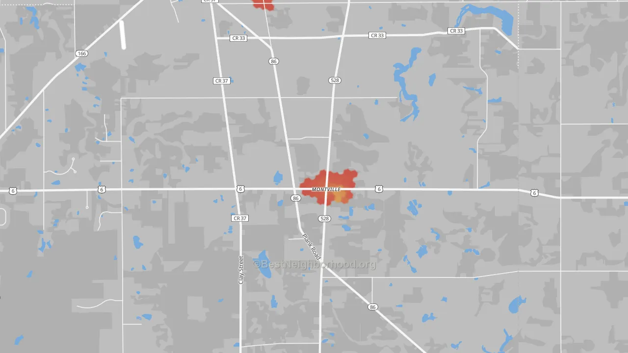 Walk Grade map of 44064, OH, walkable areas in green and car-dependent areas in red