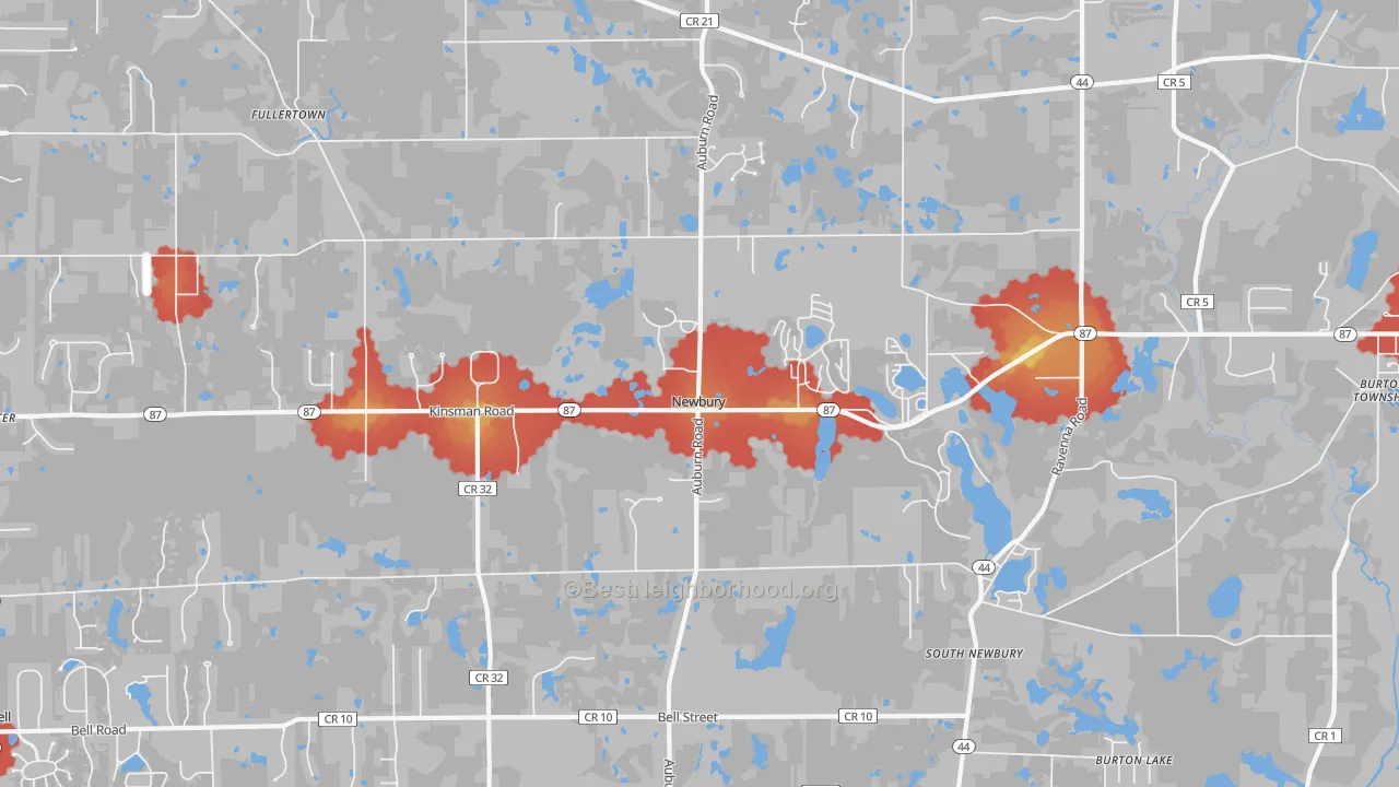 Walk Grade map of 44065, OH, walkable areas in green and car-dependent areas in red