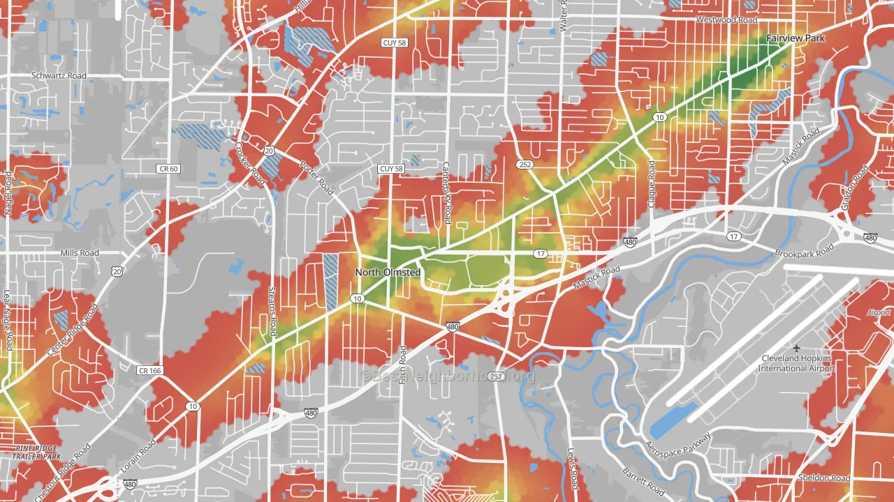 Walk Grade map of 44070, OH, walkable areas in green and car-dependent areas in red