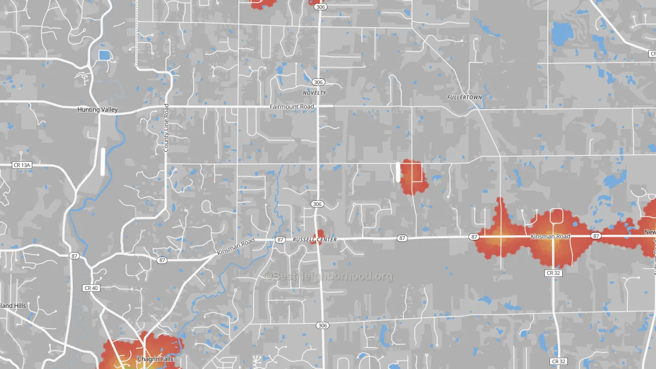 Walk Grade map of 44072, OH, walkable areas in green and car-dependent areas in red