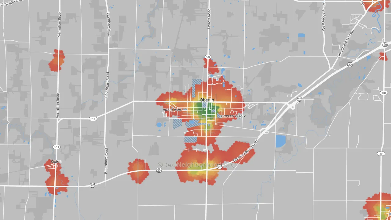 Walk Grade map of 44074, OH, walkable areas in green and car-dependent areas in red