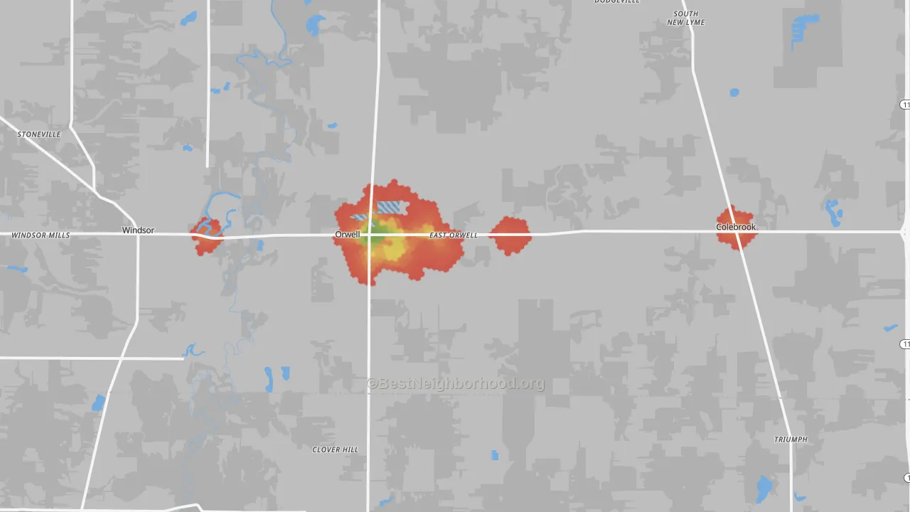 Walk Grade map of 44076, OH, walkable areas in green and car-dependent areas in red