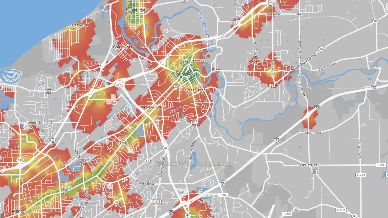 Walk Grade map of 44077, OH, walkable areas in green and car-dependent areas in red
